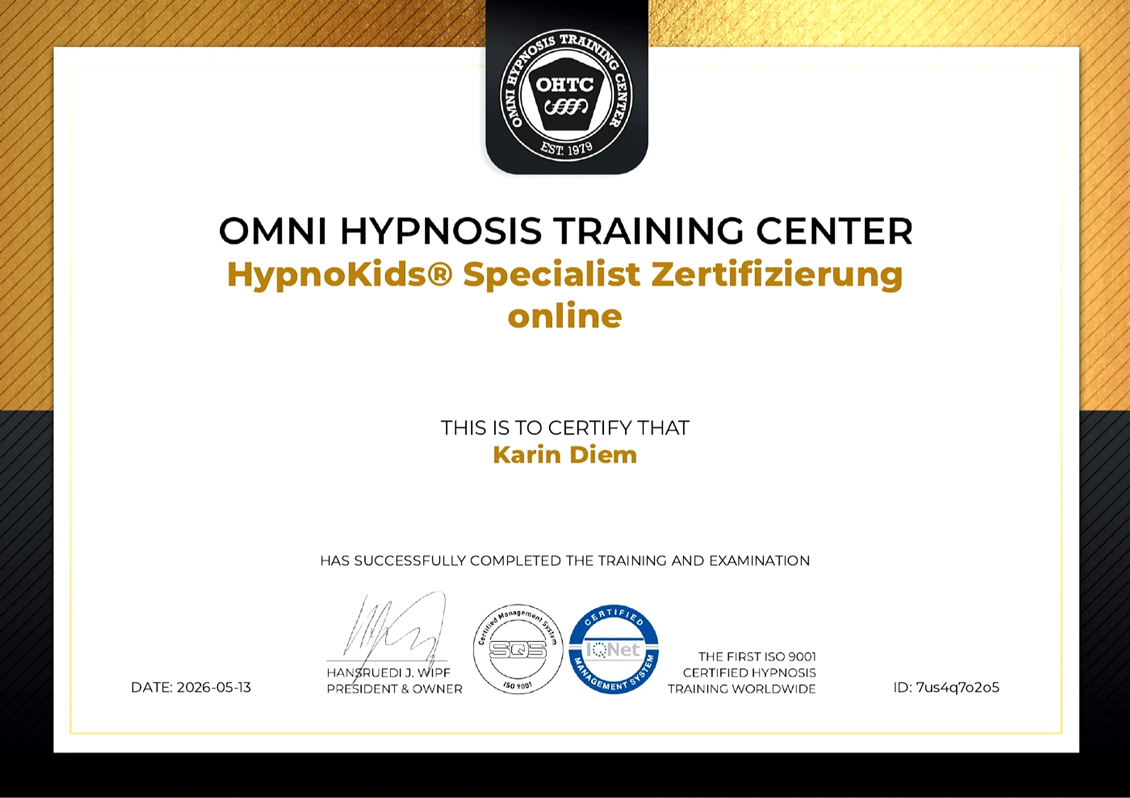 Zertifikat HypnoKids Specialist von Karin Diem, ausgestellt vom OMNI Hypnosis Training Center im Mai 2026