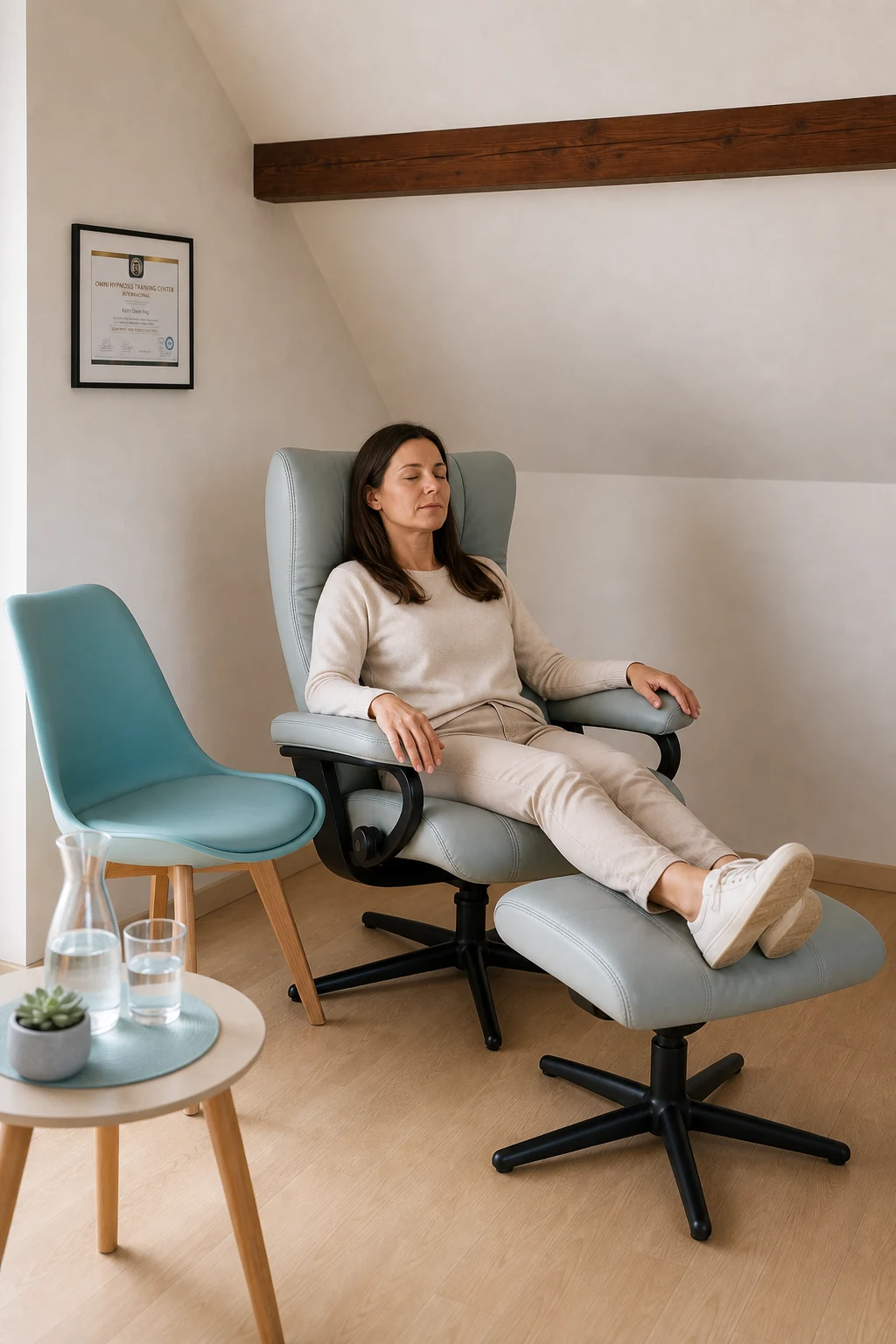 Entspannte Hypnosesitzung im Plan-H Hypnoseraum mit Klientin im hellblauen Therapiesessel